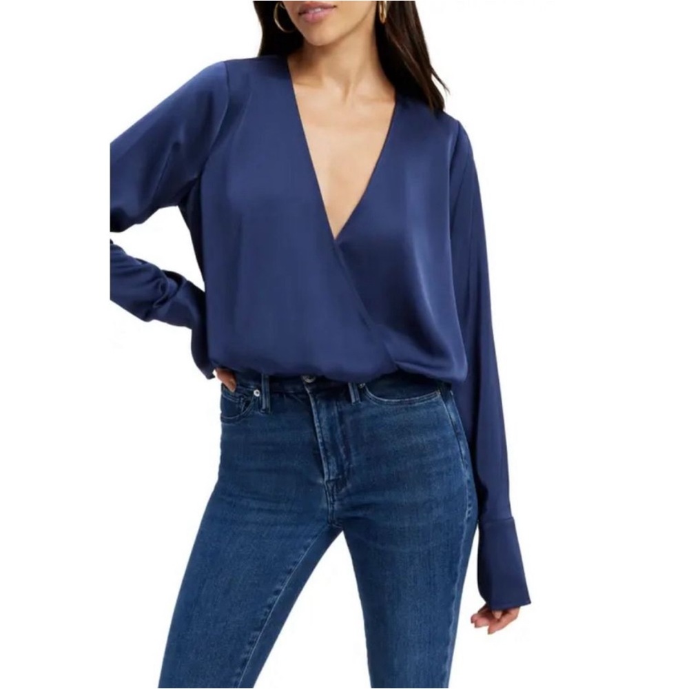 Good American Blue Wrap Blouse with Cuffed Long Sleeves